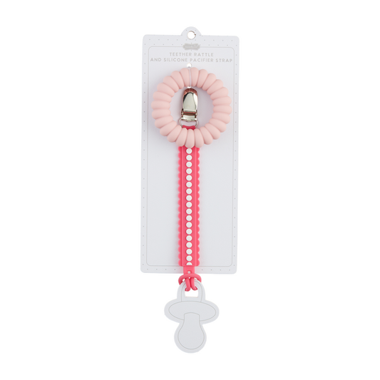 Teether Rattle  with Pacifier Strap - pink