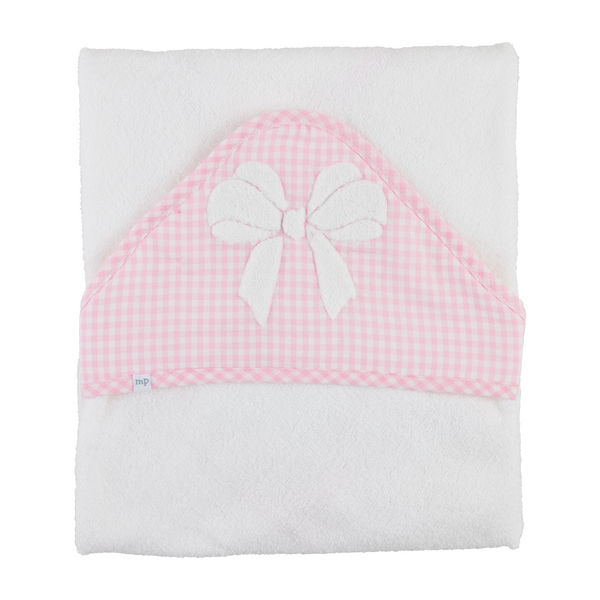 Hooded Bath Towel w/ pink Gingham Trim and Bow
