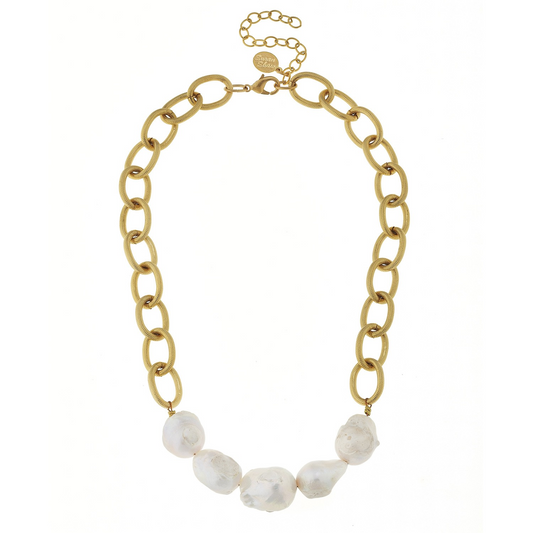 Susan Shaw Gold Chain w/ Center White Baroque Pearl Necklace 3408G