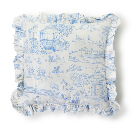 Baby Animal Toile Decorative Pillow with Ruffle and Pipping Details-Blue